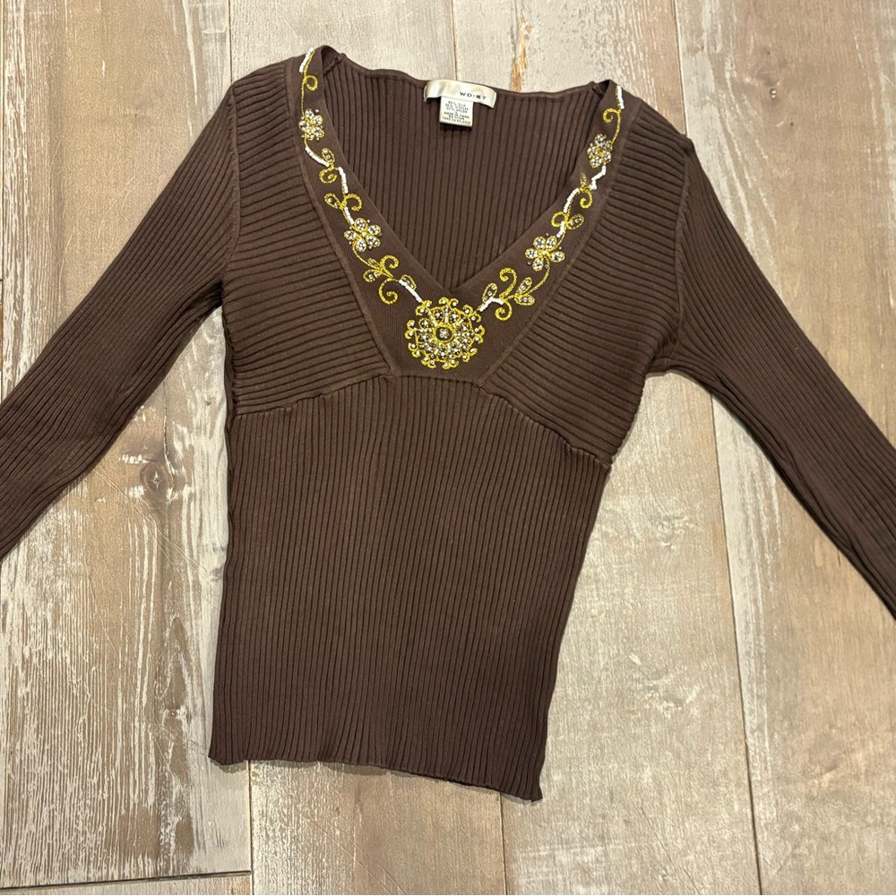 WD.NY Brown Beaded Ribbed V-Neck Sweater